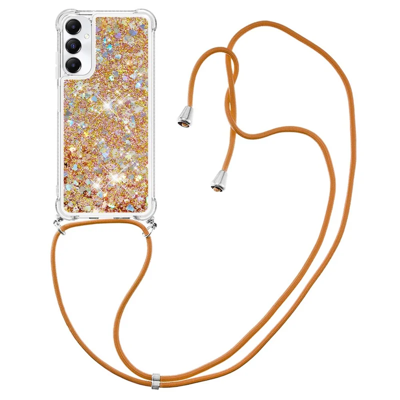 YB Quicksand Series-4 para Samsung Galaxy A05s 4G Case Flowing Liquid TPU Phone Cover com Cordão - Ouro / Corações