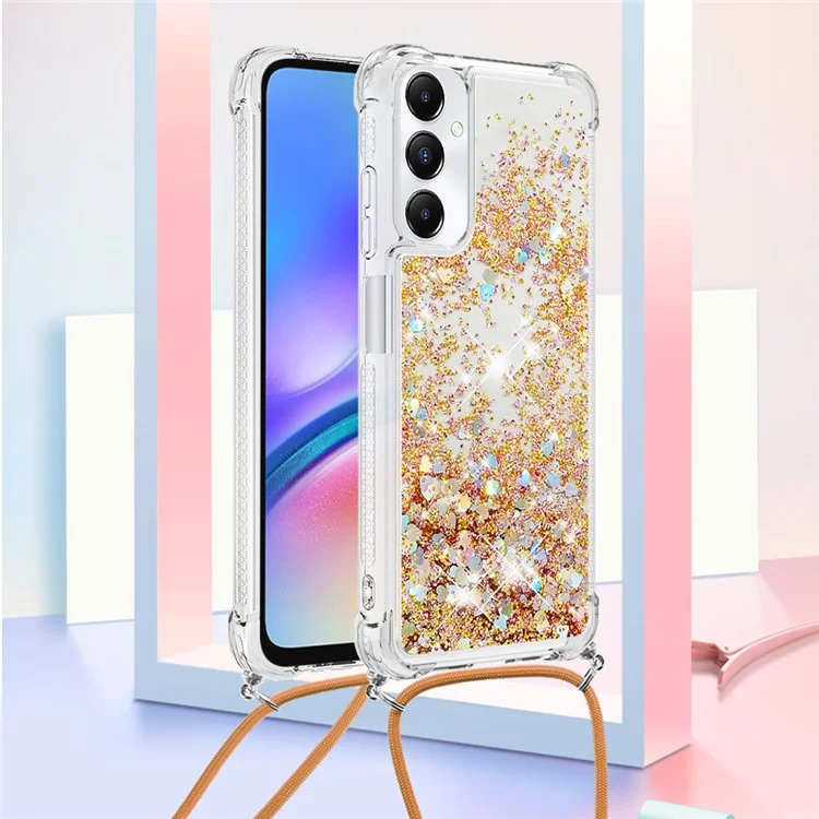 YB Quicksand Series-4 para Samsung Galaxy A05s 4G Case Flowing Liquid TPU Phone Cover com Cordão - Ouro / Corações