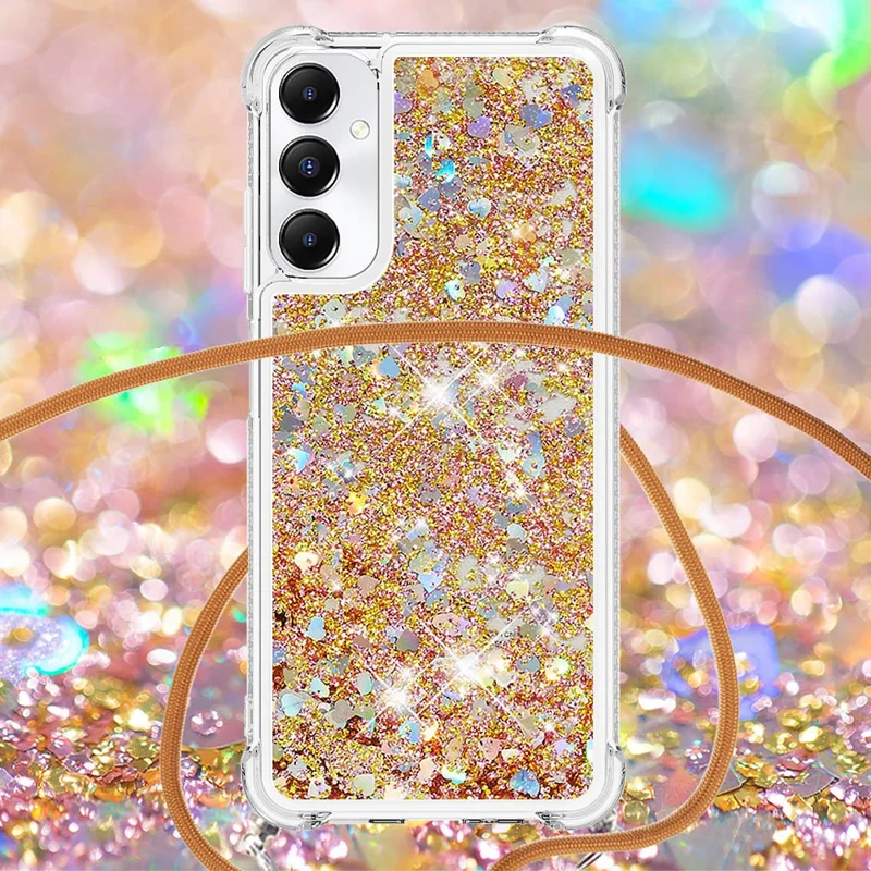 YB Quicksand Series-4 para Samsung Galaxy A05s 4G Case Flowing Liquid TPU Phone Cover com Cordão - Ouro / Corações