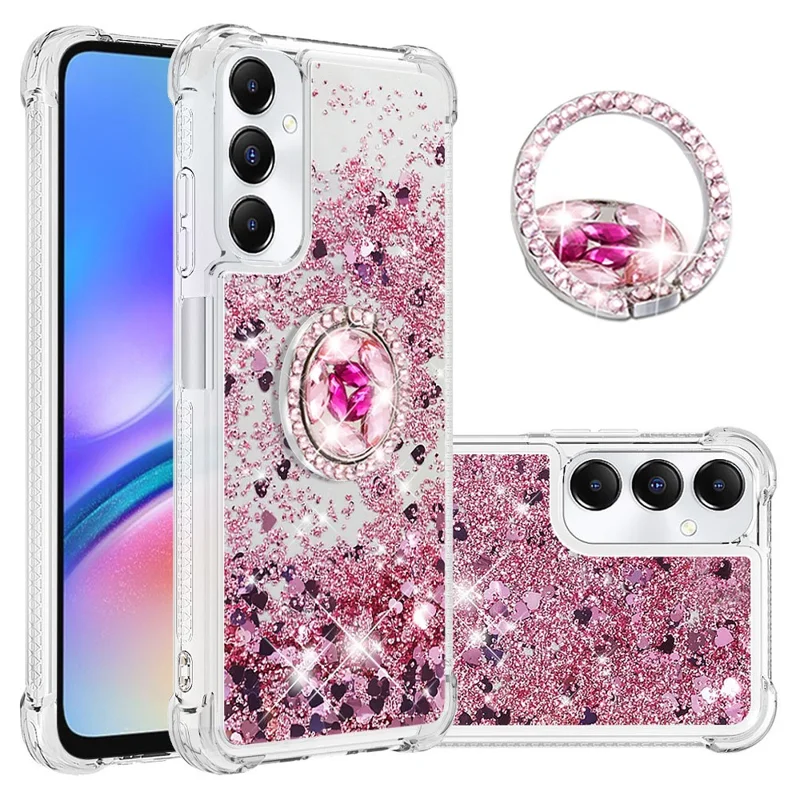 YB Quicksand Series-7 para Samsung Galaxy A05s 4G Case Glitter Liquid Kickstand Phone Cover - Rose Gold / Hearts