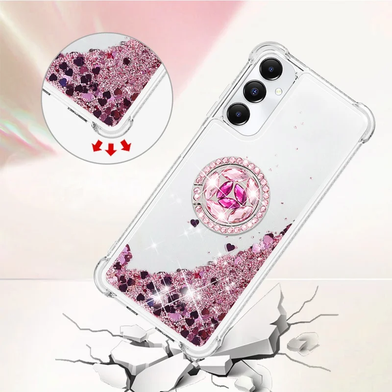 YB Quicksand Series-7 para Samsung Galaxy A05s 4G Case Glitter Liquid Kickstand Phone Cover - Rose Gold / Hearts