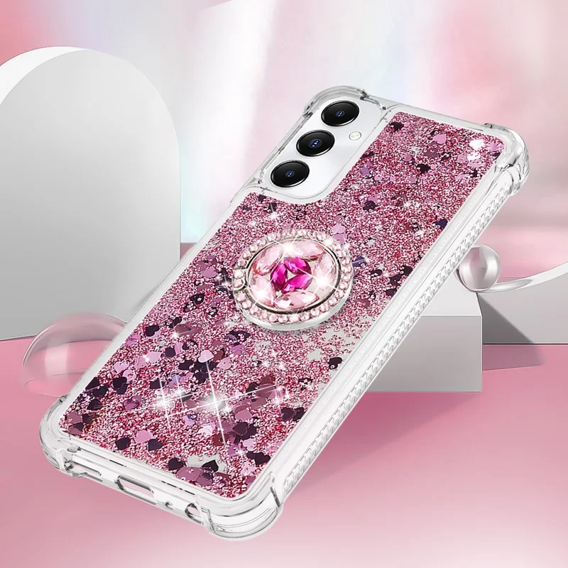 YB Quicksand Series-7 para Samsung Galaxy A05s 4G Case Glitter Liquid Kickstand Phone Cover - Rose Gold / Hearts