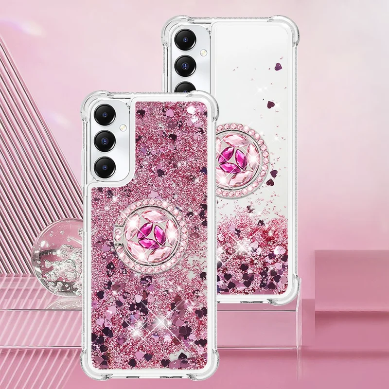 YB Quicksand Series-7 para Samsung Galaxy A05s 4G Case Glitter Liquid Kickstand Phone Cover - Rose Gold / Hearts
