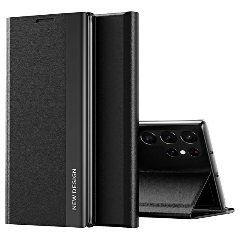 For Samsung Galaxy S24 Ultra Case Anti-scratch Leather Electroplating Stand Phone Cover - Black