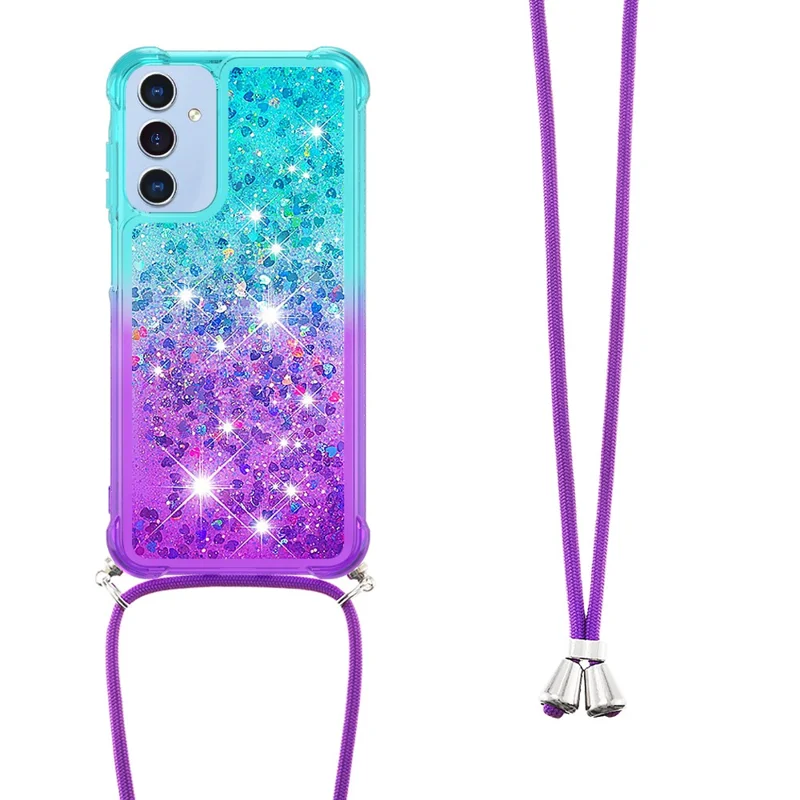 For Samsung Galaxy A15 5G TPU Case Gradiant Quicksand Shockproof Cover with Lanyard - Sky Blue+Purple