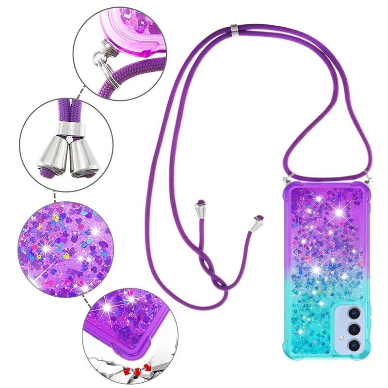 For Samsung Galaxy A15 5G TPU Case Gradiant Quicksand Shockproof Cover with Lanyard - Sky Blue+Purple