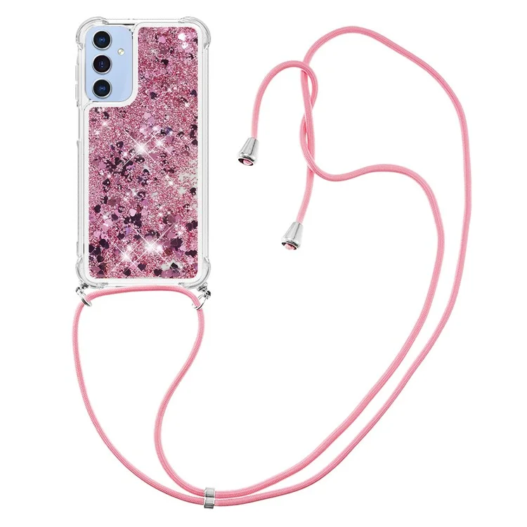 For Samsung Galaxy A15 5G TPU Case Quicksand Design Phone Cover with Lanyard - Rose Gold  /  Hearts