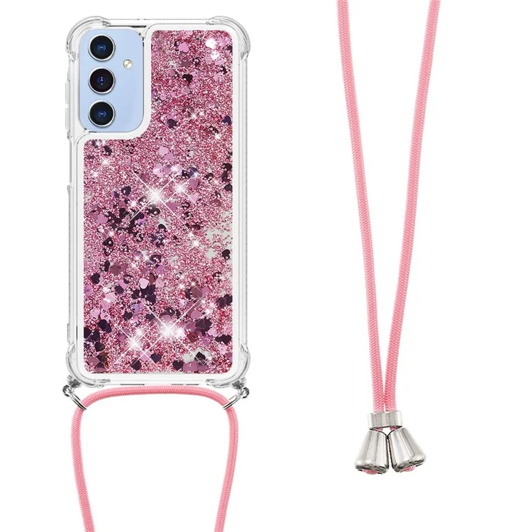 For Samsung Galaxy A15 5G TPU Case Quicksand Design Phone Cover with Lanyard - Rose Gold  /  Hearts