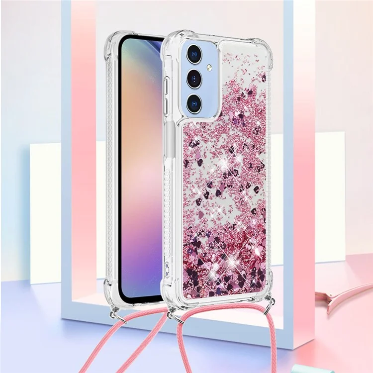 For Samsung Galaxy A15 5G TPU Case Quicksand Design Phone Cover with Lanyard - Rose Gold  /  Hearts