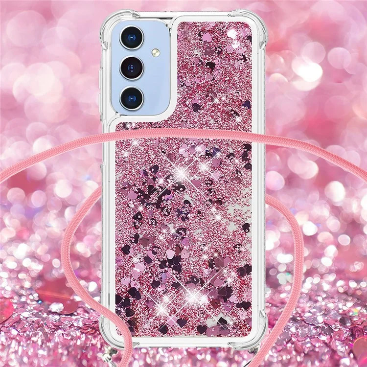 For Samsung Galaxy A15 5G TPU Case Quicksand Design Phone Cover with Lanyard - Rose Gold  /  Hearts