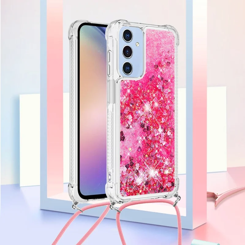 For Samsung Galaxy A15 5G TPU Case Quicksand Design Phone Cover with Lanyard - Pink  /  Hearts