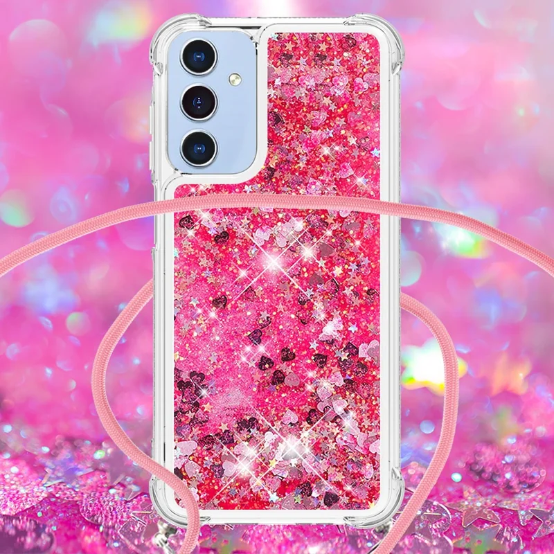 For Samsung Galaxy A15 5G TPU Case Quicksand Design Phone Cover with Lanyard - Pink  /  Hearts