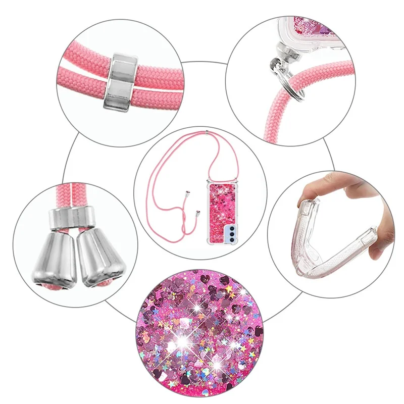 For Samsung Galaxy A15 5G TPU Case Quicksand Design Phone Cover with Lanyard - Pink  /  Hearts