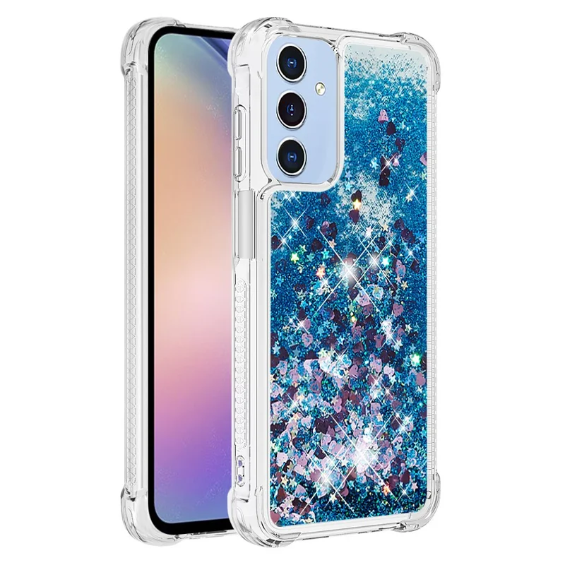 For Samsung Galaxy A15 5G TPU Case Glitter Quicksand Shockproof Phone Back Cover - Blue / Hearts