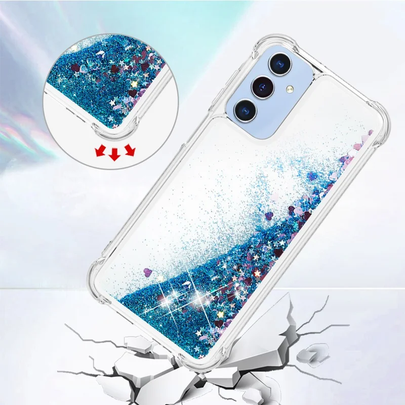 For Samsung Galaxy A15 5G TPU Case Glitter Quicksand Shockproof Phone Back Cover - Blue / Hearts