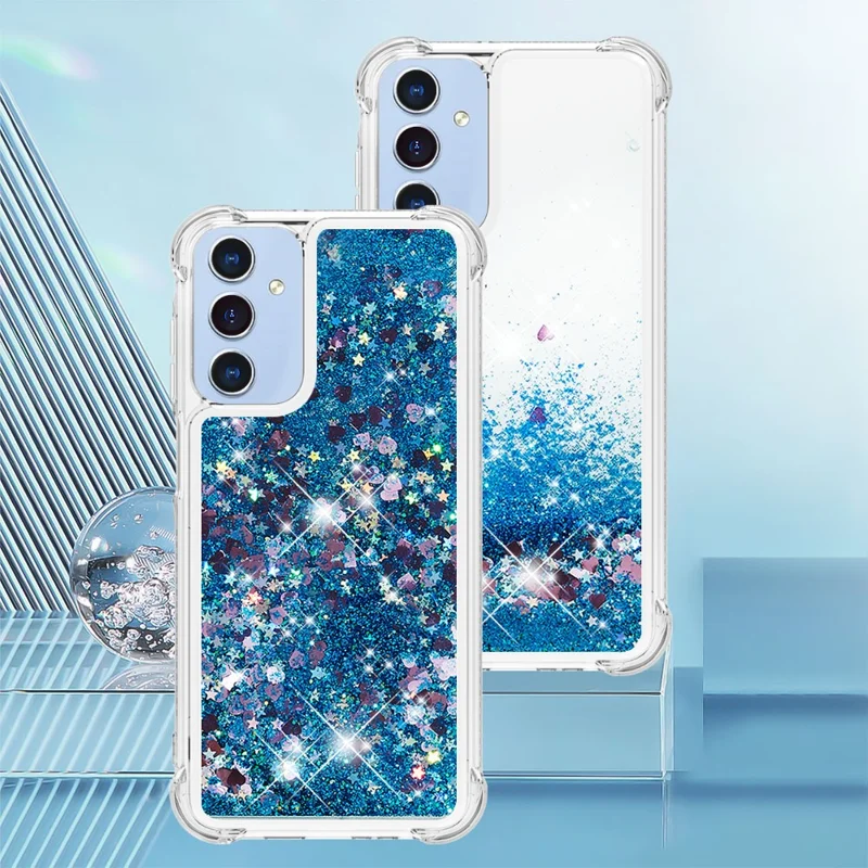 For Samsung Galaxy A15 5G TPU Case Glitter Quicksand Shockproof Phone Back Cover - Blue / Hearts