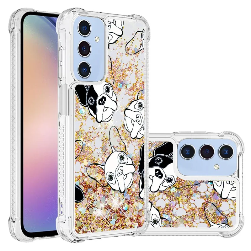 For Samsung Galaxy A15 5G TPU Case with Quicksand and Pattern Printed - Black+White Puppy