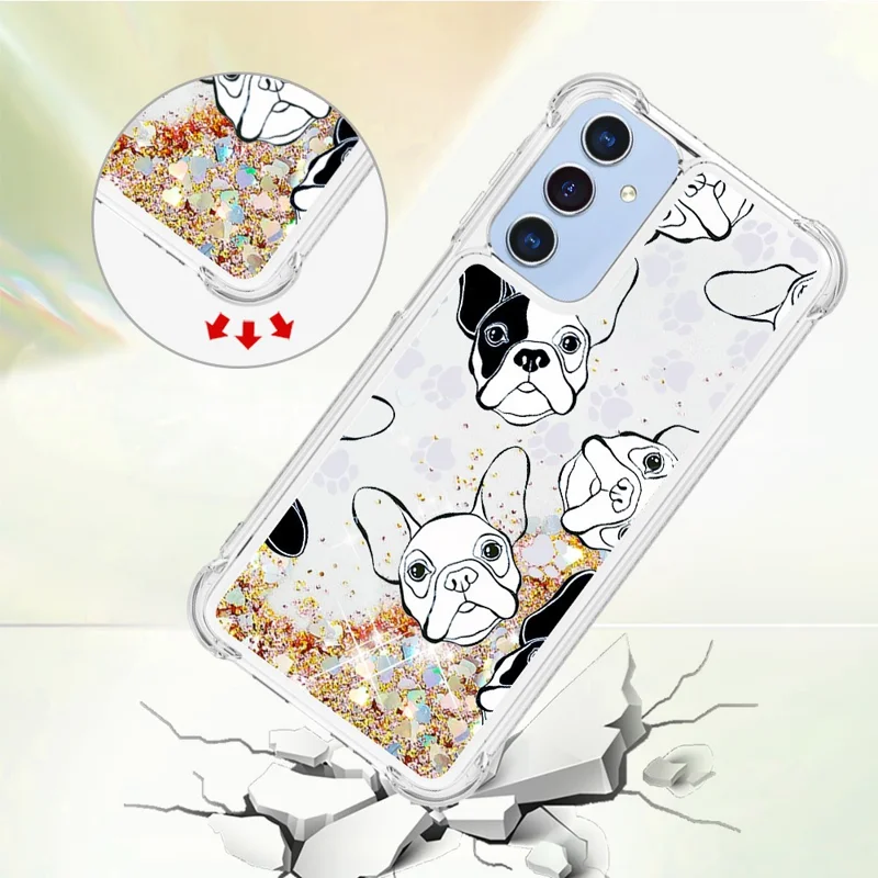 For Samsung Galaxy A15 5G TPU Case with Quicksand and Pattern Printed - Black+White Puppy