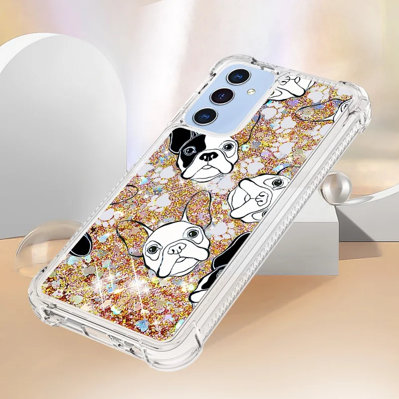For Samsung Galaxy A15 5G TPU Case with Quicksand and Pattern Printed - Black+White Puppy