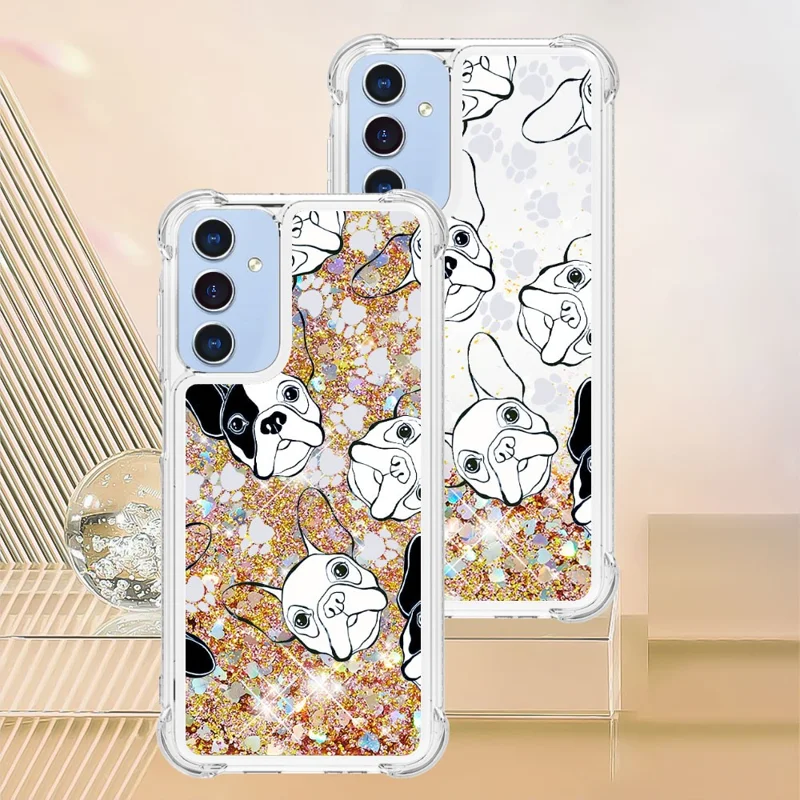 For Samsung Galaxy A15 5G TPU Case with Quicksand and Pattern Printed - Black+White Puppy