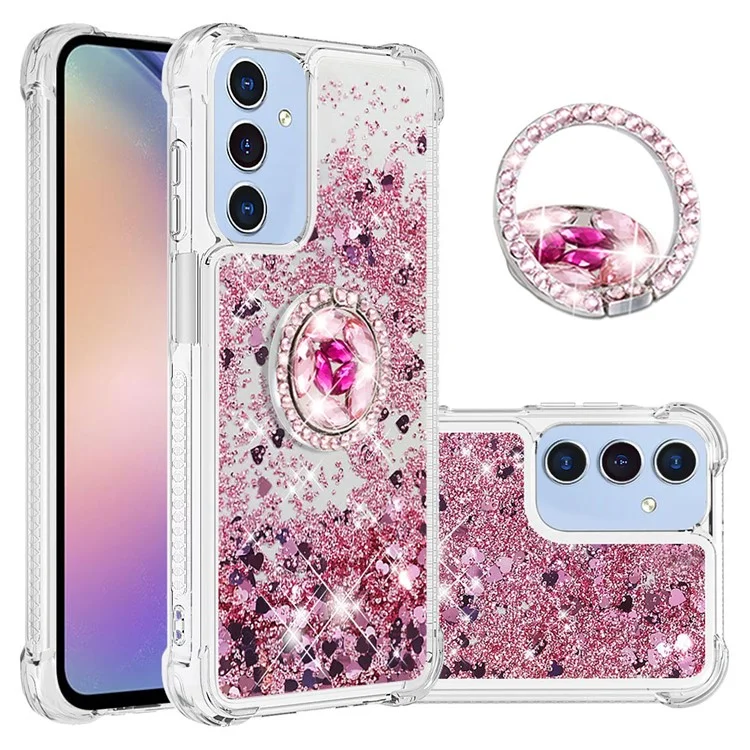 Série YB Quicksand-7 pour étui Samsung Galaxy A15 5G Liquid Glitter Sequins TPU Kickstand Phone Cover - Rose Gold / Coeurs