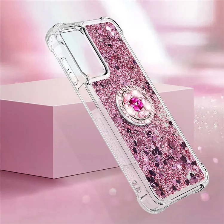 Série YB Quicksand-7 pour étui Samsung Galaxy A15 5G Liquid Glitter Sequins TPU Kickstand Phone Cover - Rose Gold / Coeurs