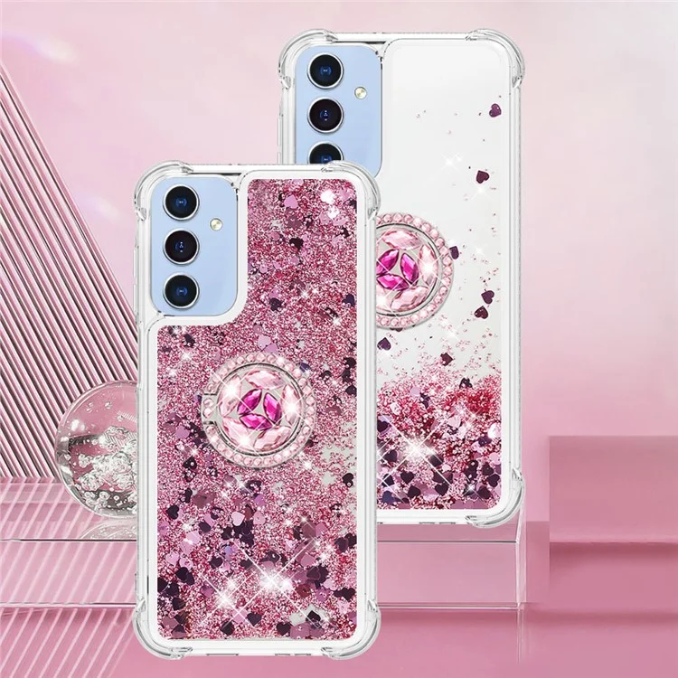 Série YB Quicksand-7 pour étui Samsung Galaxy A15 5G Liquid Glitter Sequins TPU Kickstand Phone Cover - Rose Gold / Coeurs