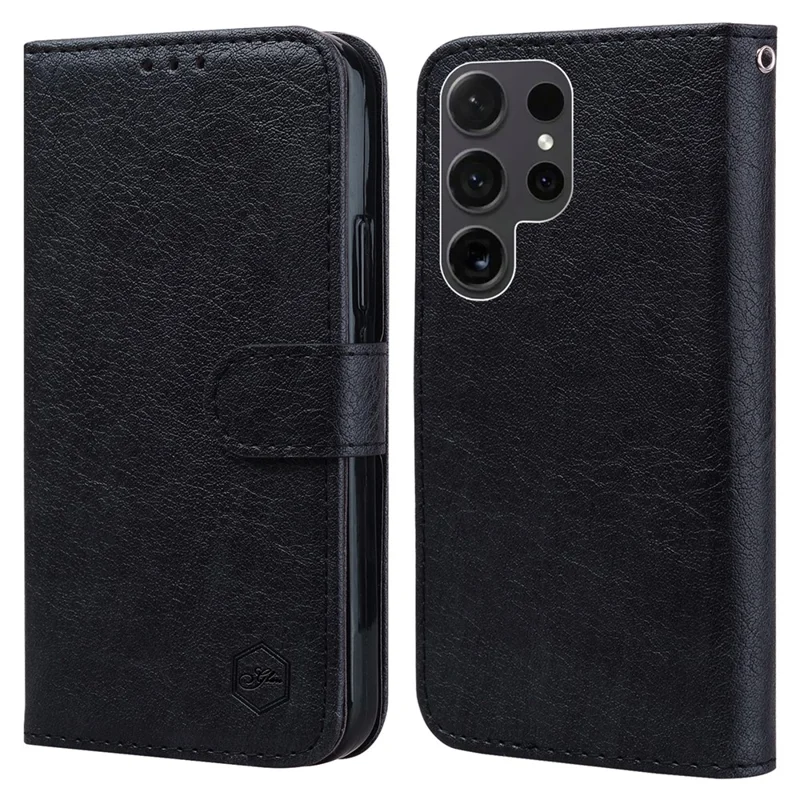 For Samsung Galaxy S24 Ultra Case Solid Color Leather Phone Stand Cover - Black