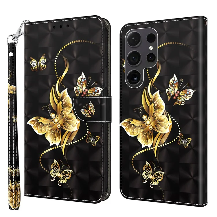 Für Samsung Galaxy S24 Ultra Case 3D-Muster-Drucklederbrieftasche - Goldener Schmetterling
