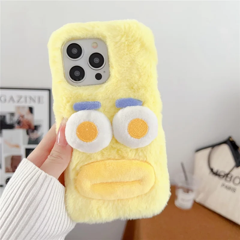 For iPhone 15 Pro Max Case Lovely Sausage-shaped Lip Plush+TPU Warm Phone Cover - Yellow