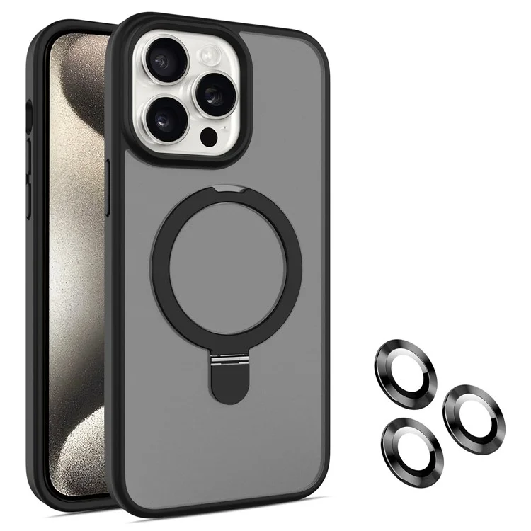 Чехол с подставкой для iPhone 15 Pro Max, защитное стекло для камеры, чехол для телефона, совместимый с MagSafe - черный