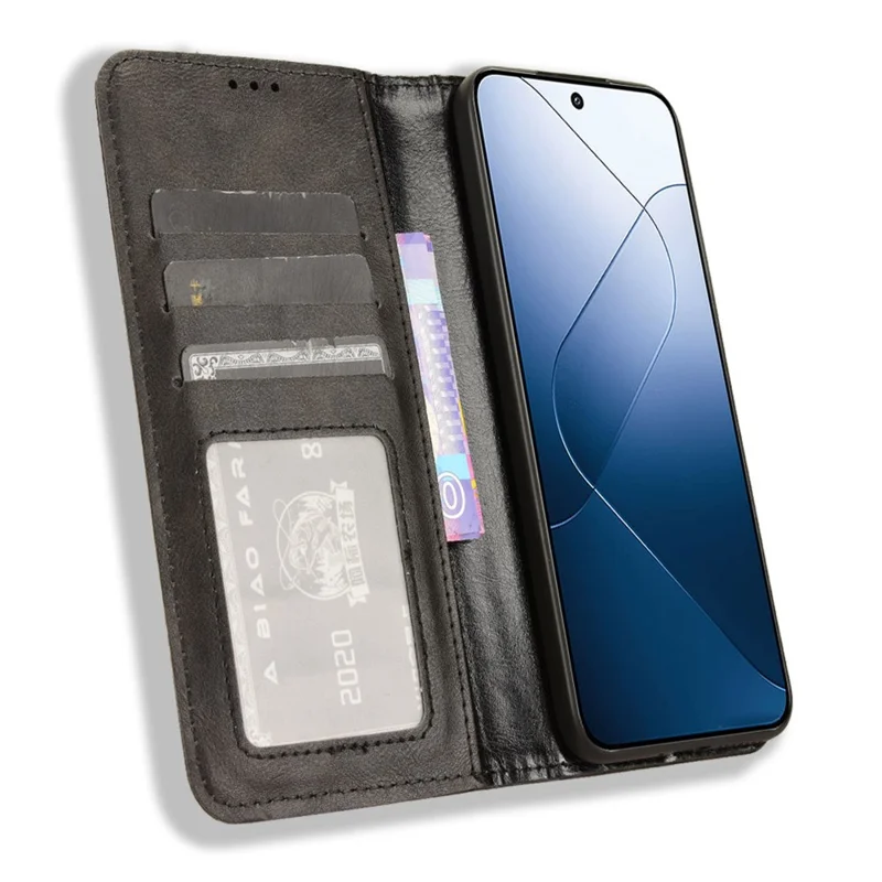 For Xiaomi 14 Case Magnetic Auto Closing Retro Leather Phone Cover - Black