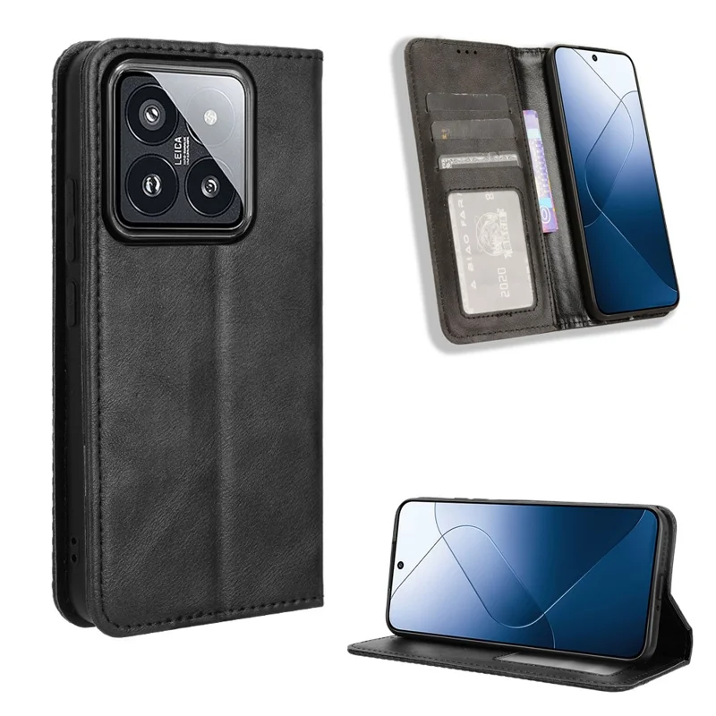 For Xiaomi 14 Case Magnetic Auto Closing Retro Leather Phone Cover - Black