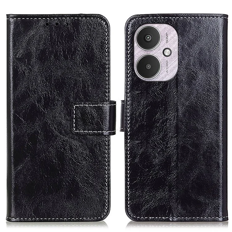 For Xiaomi Redmi 13C 4G / 5G / 13R 5G / Poco M6 5G / Poco C65 4G Case Slim-Fit Retro Crazy Horse Texture Wallet Leather Phone Cover - Black