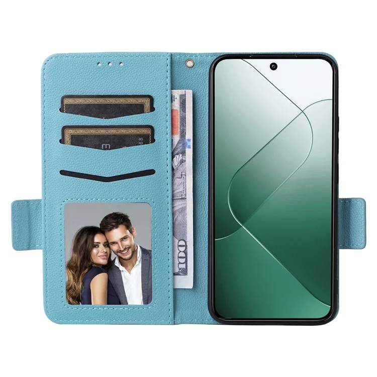 Per Xiaomi 14 Case Litchi Texture Anti-Collision PU Leather Smartphone Cover with Strap - Baby Blue