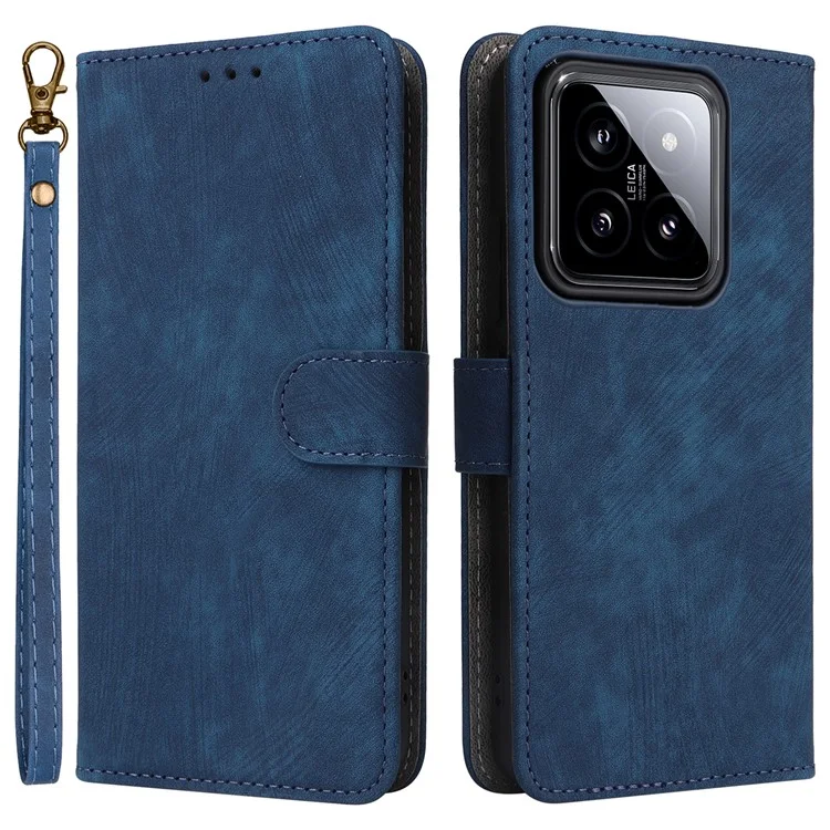 Para Xiaomi 14 Leather Case RFID Blocking Wallet Magnetic Phone Cover with Strap - Blue