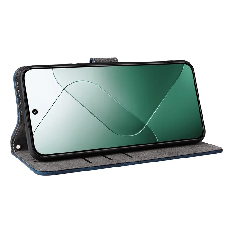 Para Xiaomi 14 Leather Case RFID Blocking Wallet Magnetic Phone Cover with Strap - Blue