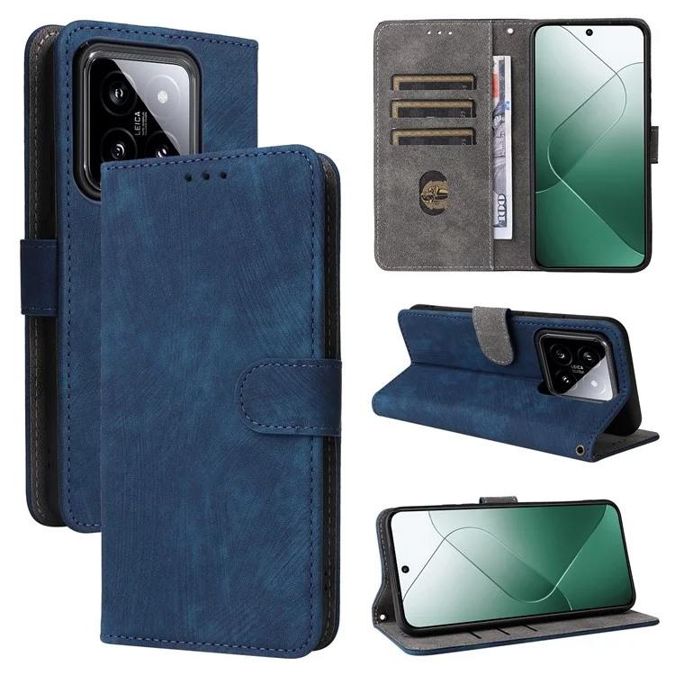 Para Xiaomi 14 Leather Case RFID Blocking Wallet Magnetic Phone Cover with Strap - Blue