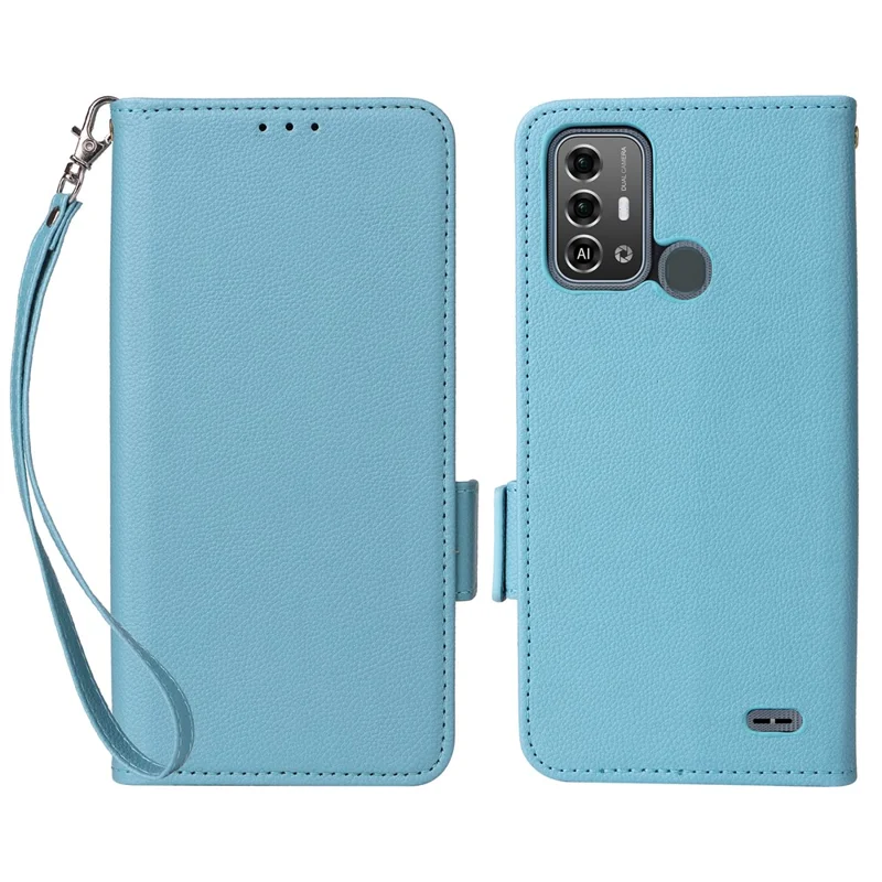 For ZTE Blade A53 Pro Case Shockproof Phone Cover Litchi Texture PU Leather Shell with Strap - Baby Blue
