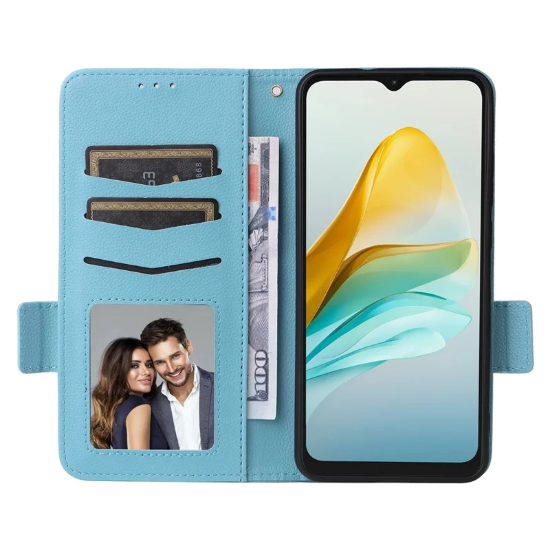 For ZTE Blade A53 Pro Case Shockproof Phone Cover Litchi Texture PU Leather Shell with Strap - Baby Blue