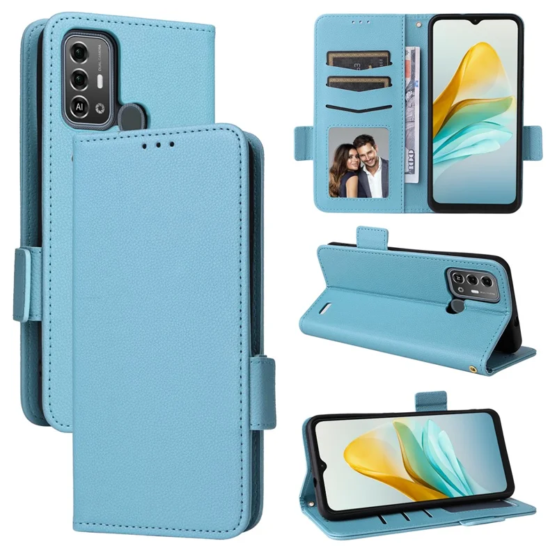 For ZTE Blade A53 Pro Case Shockproof Phone Cover Litchi Texture PU Leather Shell with Strap - Baby Blue