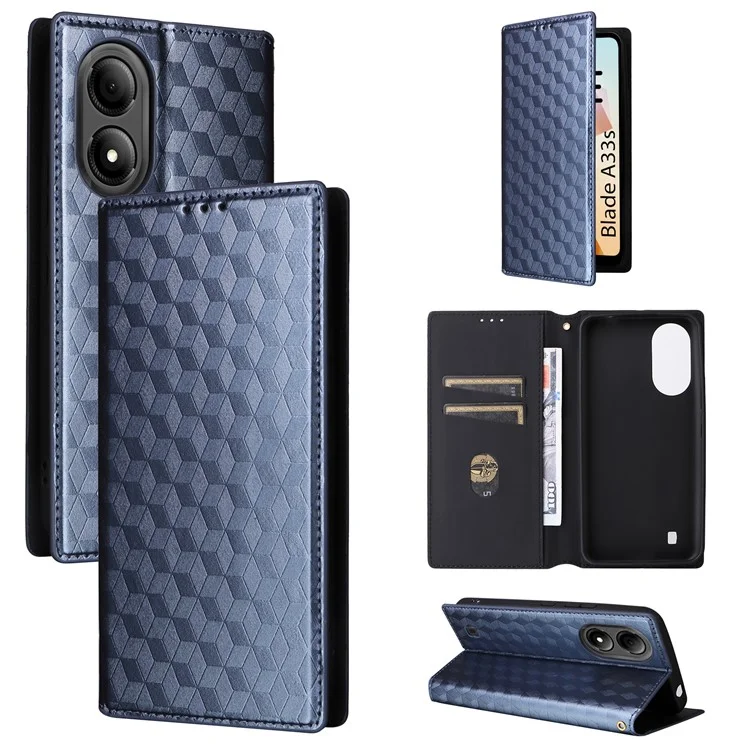 For ZTE Blade A33S Case Rhombus Imprinted Leather Wallet Phone Cover - Blue