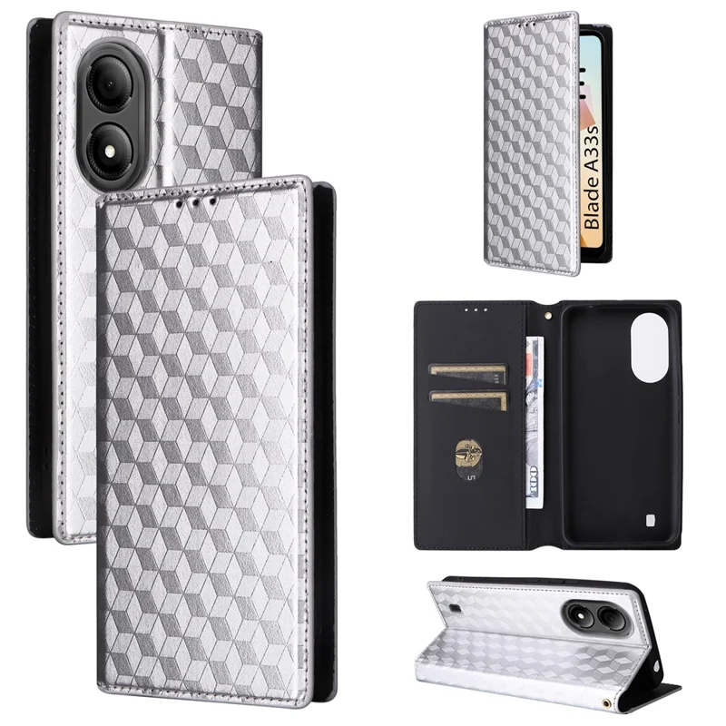 For ZTE Blade A33S Case Rhombus Imprinted Leather Wallet Phone Cover - Silver