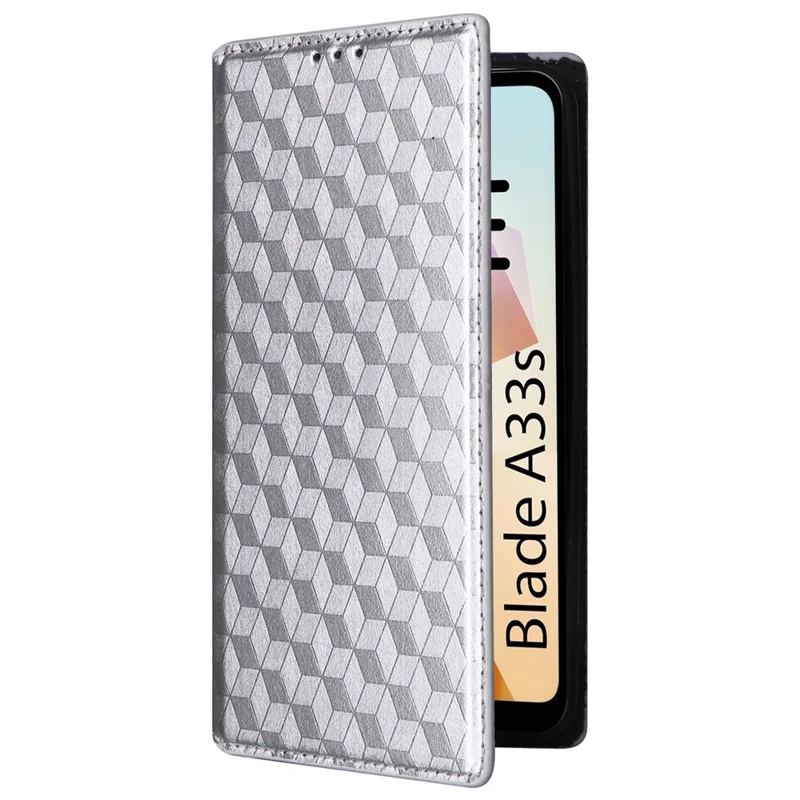 For ZTE Blade A33S Case Rhombus Imprinted Leather Wallet Phone Cover - Silver
