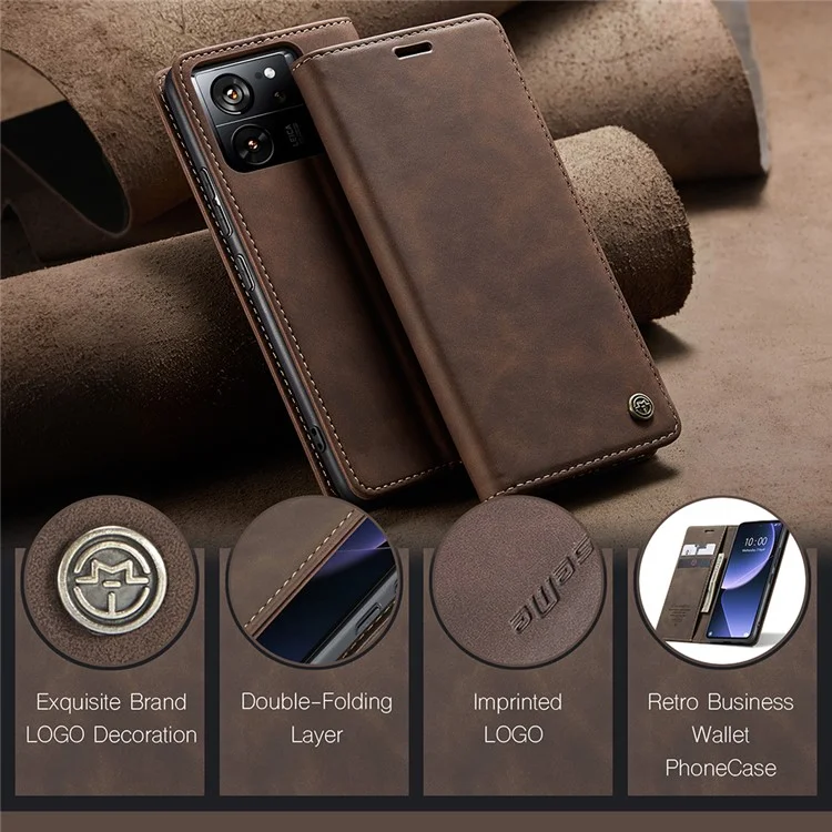 CASEME 013 Series For Xiaomi 13T / 13T Pro / Redmi K60 Ultra Case PU Leather Folio Stand Phone Cover - Coffee