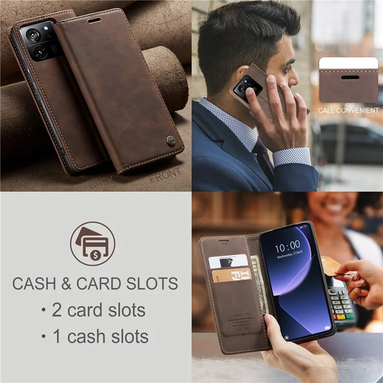 CASEME 013 Series For Xiaomi 13T / 13T Pro / Redmi K60 Ultra Case PU Leather Folio Stand Phone Cover - Coffee