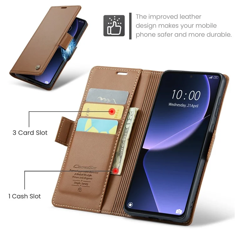For Xiaomi 13T / 13T Pro / Redmi K60 Ultra Leather Case CASEME 023 RFID Blocking 3 Card Slot Mobile Cover - Brown