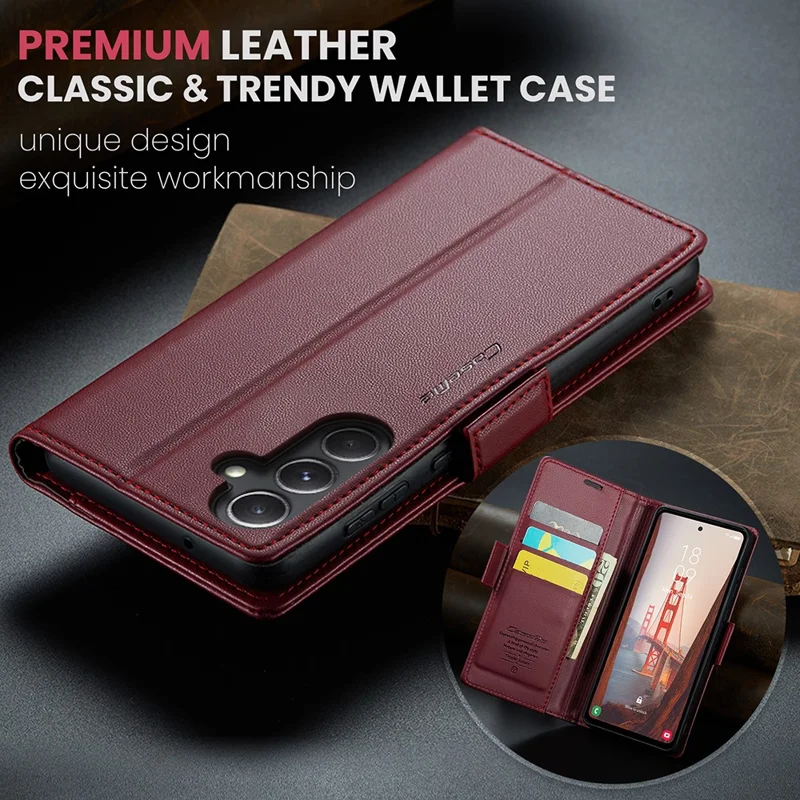 For Samsung Galaxy S23 FE Leather Case CASEME 023 RFID Blocking 3 Card Slot Mobile Cover - Red
