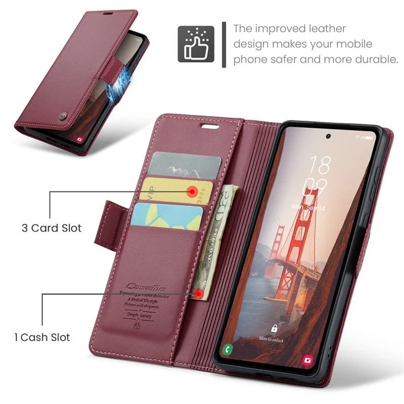 For Samsung Galaxy S23 FE Leather Case CASEME 023 RFID Blocking 3 Card Slot Mobile Cover - Red