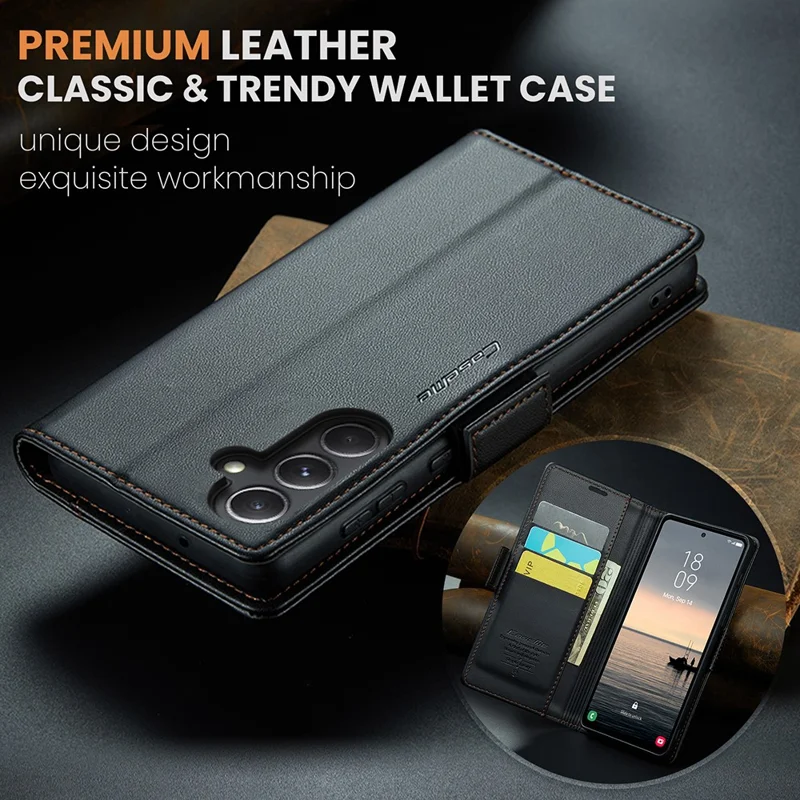 For Samsung Galaxy S23 FE Leather Case CASEME 023 RFID Blocking 3 Card Slot Mobile Cover - Black